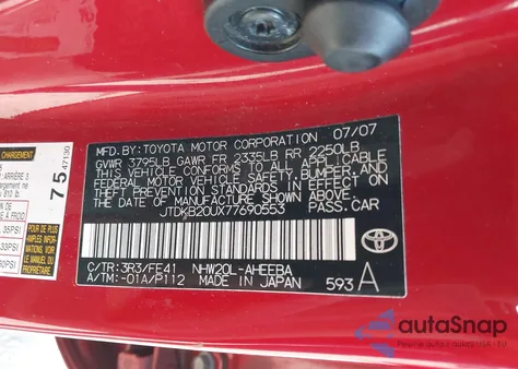 2007 Toyota Prius from USA, damaged, VIN JTDKB20UX77690553
